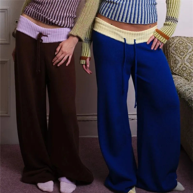 Women Y2K Color Contrast Knit Wide Leg Trousers Drawstring Waist Loose Baggy Knitted Pants Casual Streetwear Long Pants