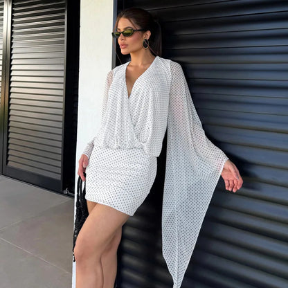 Polka Dots Print Mesh White Elegant Dresses for Woman Casual Long Sleeve Backless Mini Dress