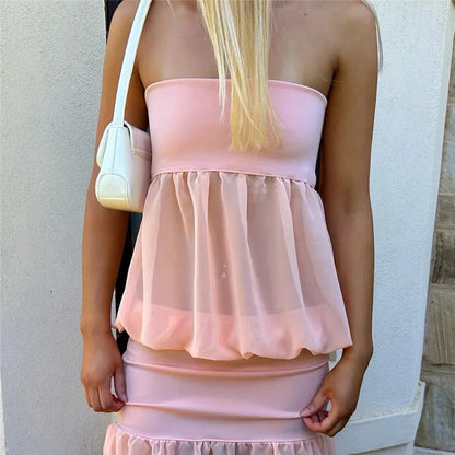 Y2K Sweet Strapless Mesh Spliced Tube Top Women Sheer Chiffon Peplum Flowy Crop Top Sleeveless Casual Party Blouse