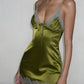 Patchwork Lace Satin Dress Women v-Neck Bandage Tassel Skinny Sexy Folds Midnight Chic Hottie Summer Mini Bodycon