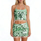 Women's Sequined Halter 2 Piece Outfit with Tassel Trim, Crop Top and Mini Skirt Set, Sparkly Clubwear for Rave Party