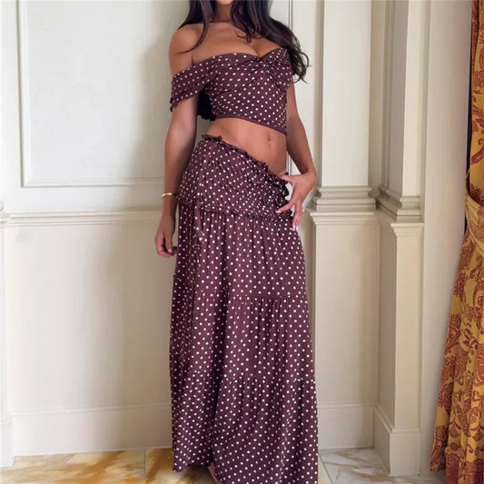 Y2K Women Polka Dot Two Piece Matching Set Off Shoulder Twist Crop Top High Waist Ruched Drawstring Tiered Maxi Skirt