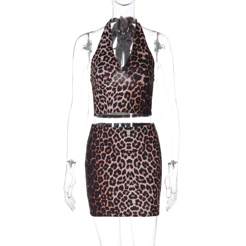 Leopard Print 2 Piece Set Deep V Halter Crop Top and Mini Skirts Matching Sets Sexy Club Outfits Woman 2025