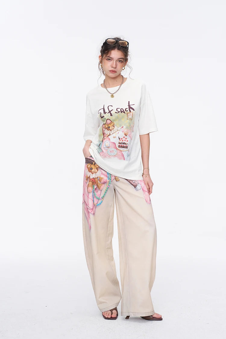 Women's Sweet Short Sleeve Graphic Tee with Cute Print, T-Shirt with Multiple Color Options, Loose Casual Autumn Top