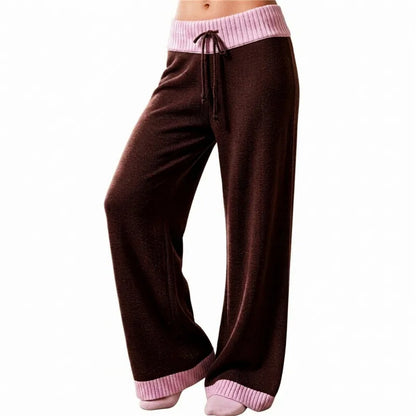 Women Y2K Color Contrast Knit Wide Leg Trousers Drawstring Waist Loose Baggy Knitted Pants Casual Streetwear Long Pants