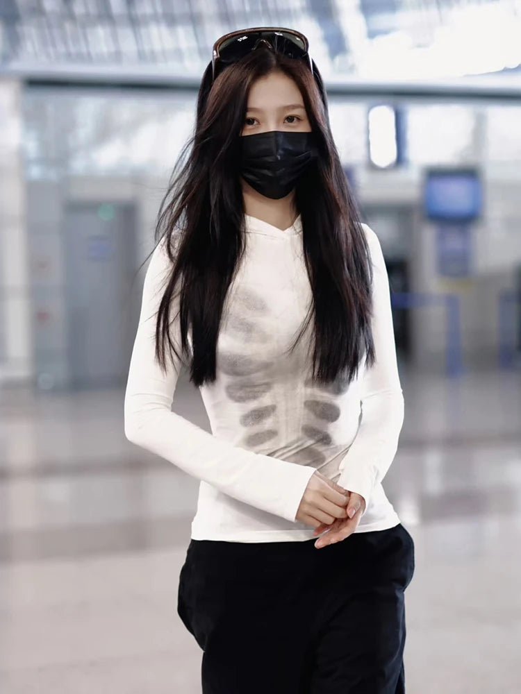 Art Print t-Shirt Women Full Sleeve Skinny Half Turtleneck Elasticity Daily Simple Street Music Festival Clubwear