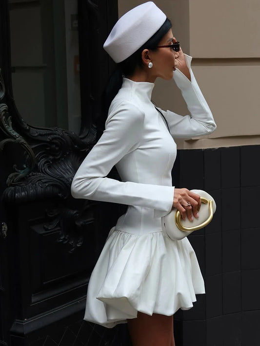 Classic Bubbles Hem Dress Women Turtleneck Simple Full Sleeve Solid Full Stretch Elegant Birthday Party Mini Bodycon