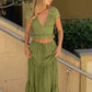 Elegant Chiffon Two Piece Set Women V Neck Short Sleeve Crop Top Maxi Skirt Matching Sets Female Club Party Dress Set