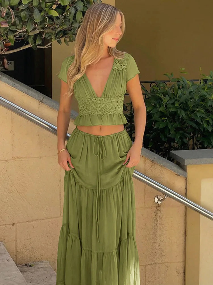 Elegant Chiffon Two Piece Set Women V Neck Short Sleeve Crop Top Maxi Skirt Matching Sets Female Club Party Dress Set