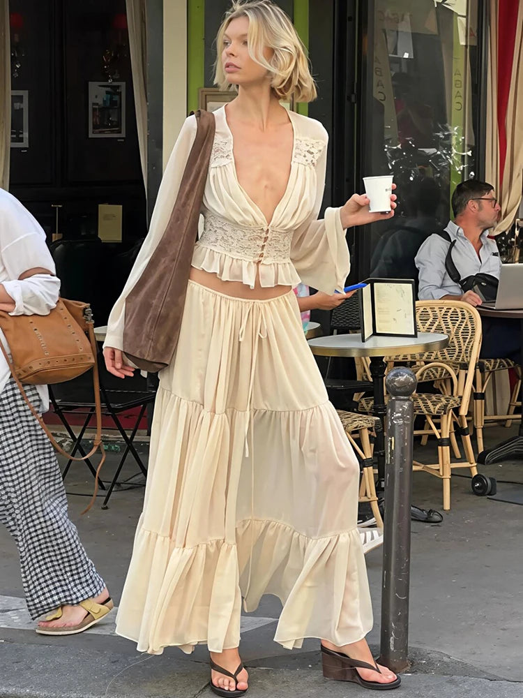 Elegant Sexy Two Piece Set Women V Neck Long Sleeve T-shirt Maxi Skirt Matching Set Female Loose Pleated Club Dress Set