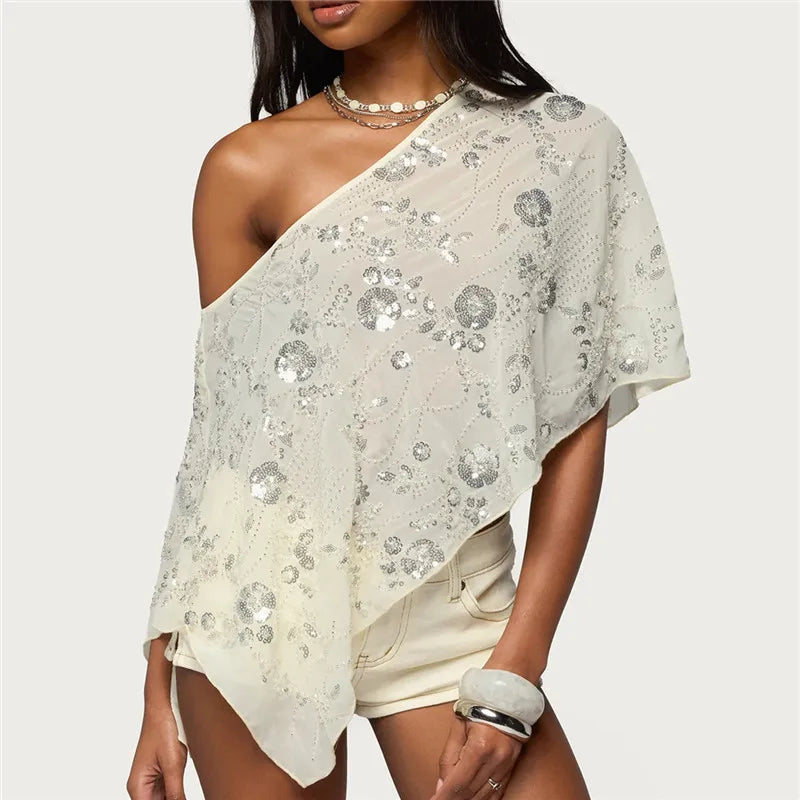 Y2K Sequin Floral One Shoulder Asymmetric Sheer Poncho Top for Women Flowy Batwing Sleeve Semi Sheer Cover Up Shawl Wrap