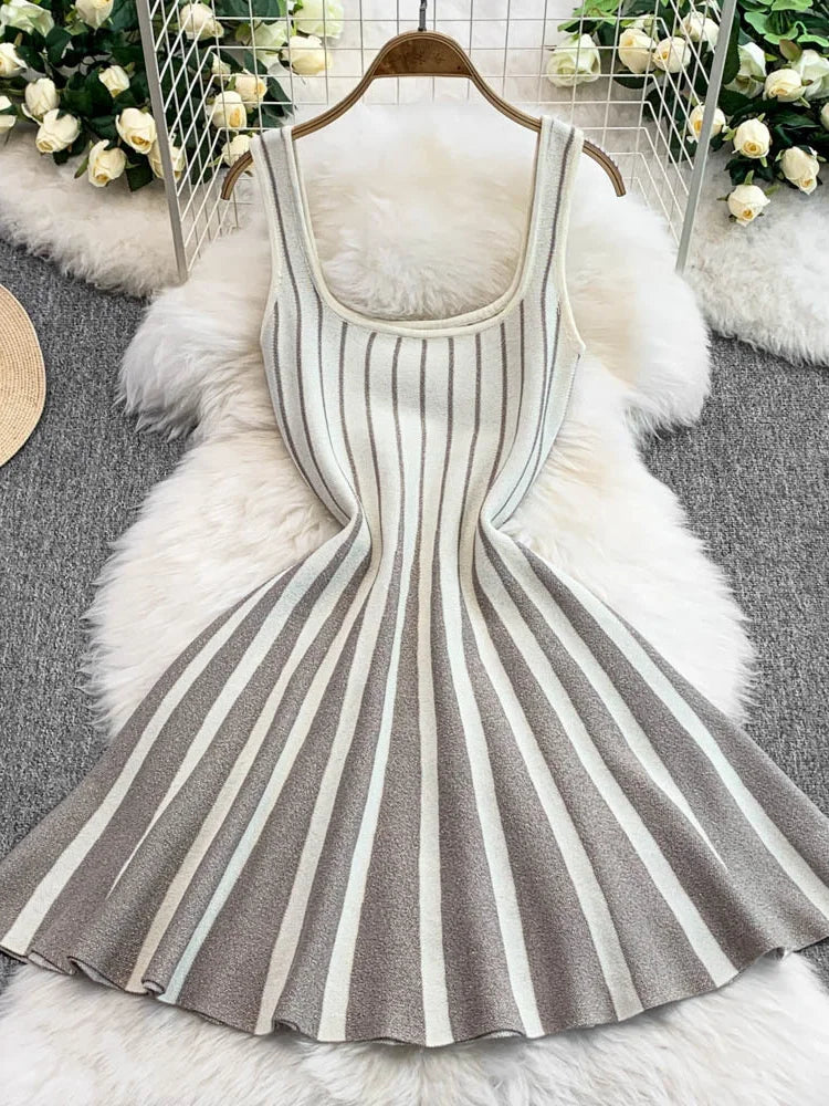 Stripe Patchwork Crochet Mini Dress Women Summer Trend Square Collar Backless Sleeveless Prom Party Elegant Outfits