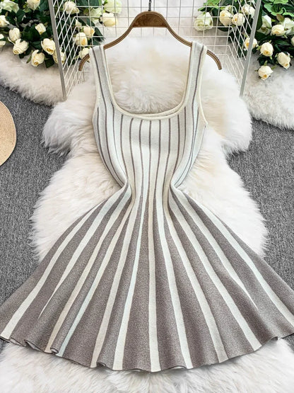 Stripe Patchwork Crochet Mini Dress Women Summer Trend Square Collar Backless Sleeveless Prom Party Elegant Outfits