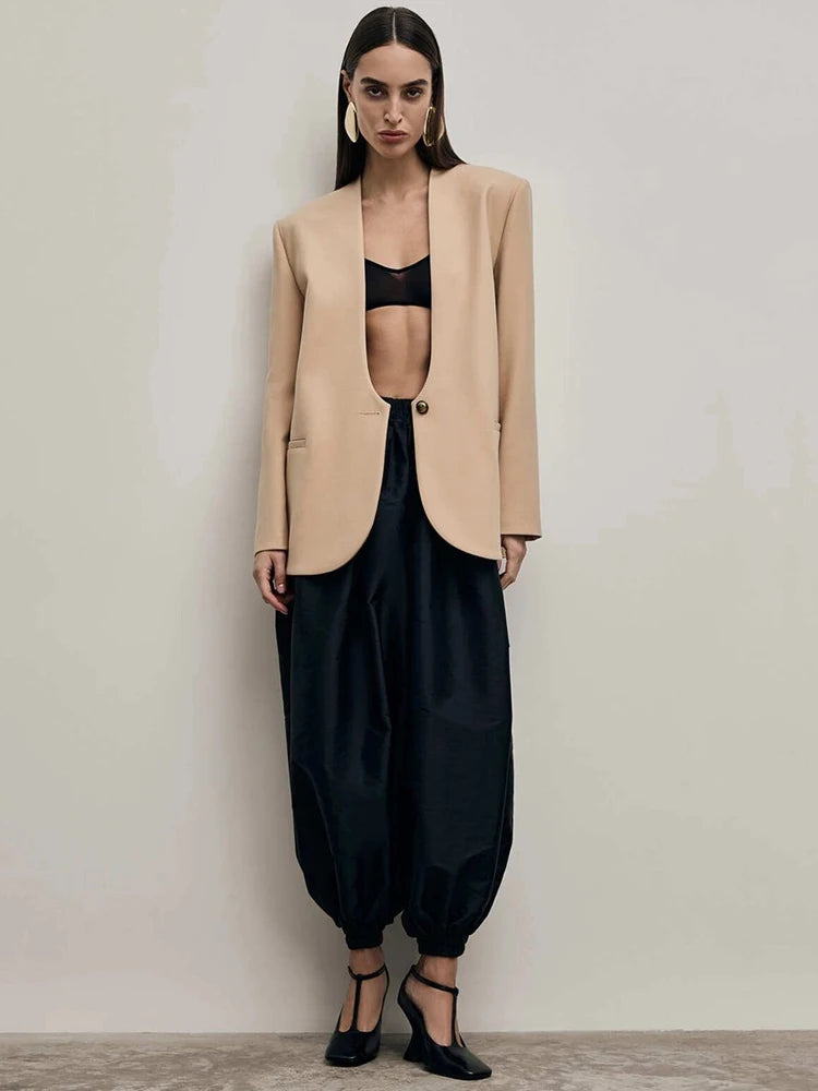 Deep V Neck Long Sleeve Sexy Blazer Jacket Women Elegant Office Lady Elegant One Button Blazers Jackets Slim Coats