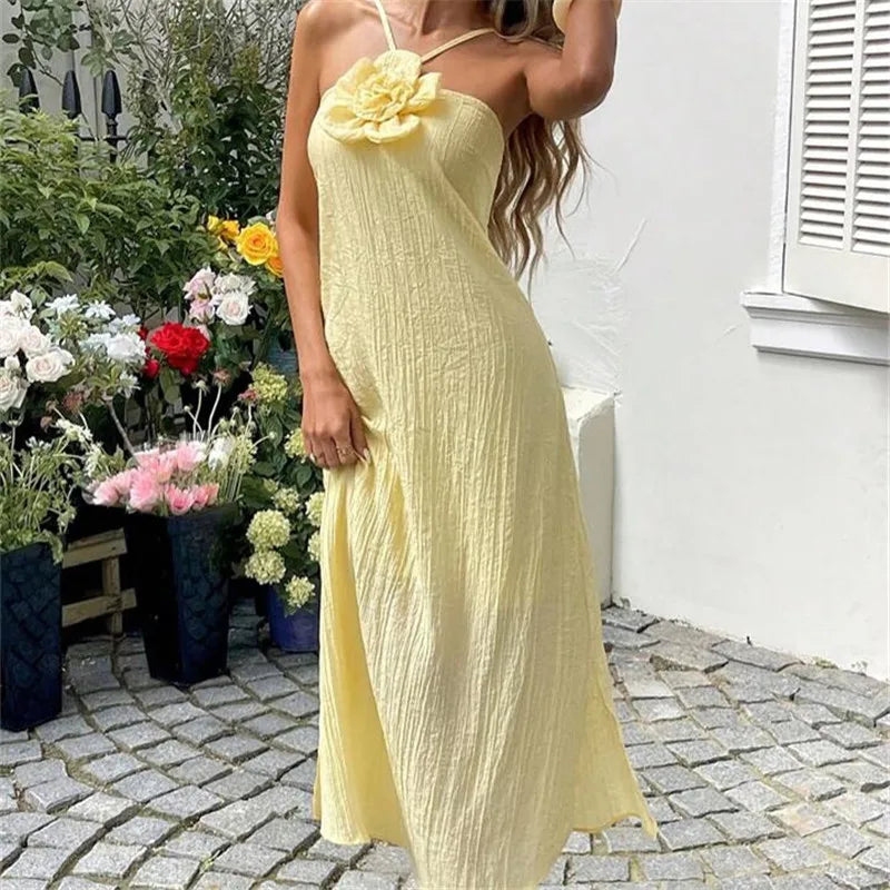 Women's 3D Flower Halter Maxi Dress Crinkled Textured Fabric Sleeveless Flowy Long Dress for Casual Summer Wear