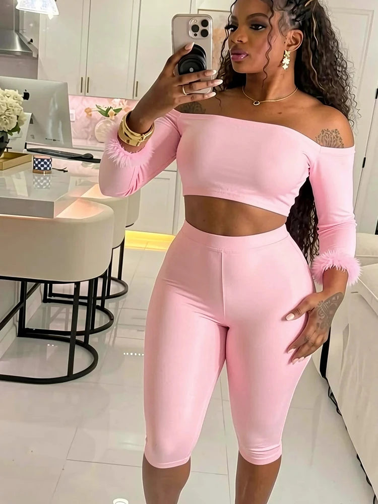 Fashion Satin 2 Piece Set Women Simple Furs Patchwork Slash Neck T-Shirts+Mid-Length Shorts Trend Party Street Suits