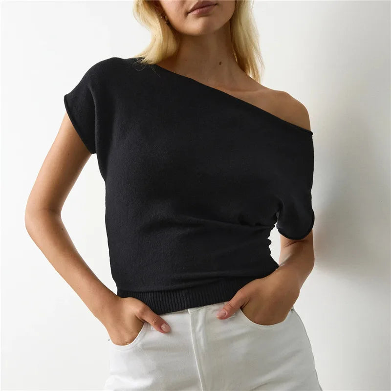 Y2K Women Asymmetric Diagonal Off Shoulder Knit Top Striped Solid Short Sleeve Slim Cropped Casual Crop Blouse