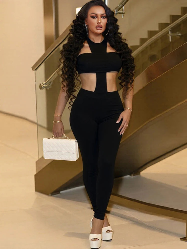Fitness Women 2 Piece Set Stretch Tube Top+Skinny Halter Jumpsuit Street Matching Party Midnight Sexy Backless Overalls