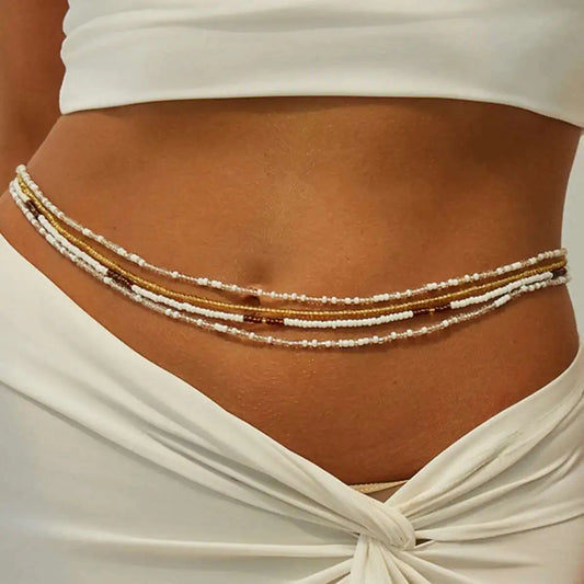 4Pcs/Set Boho Multilayer Summer Bikini Sexy Waist Belly Chain Women 2025 Faddish Rice Beads Body Chain Charm Jewelry