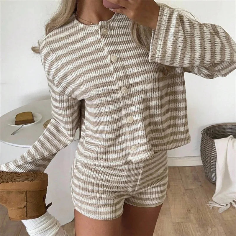 Womens Waffle Knit Striped 2 Piece Set Button Front Long Sleeve Cardigan And Shorts Casual Fall Spring Loungewear Outfit