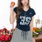 Vintage Lace Number Print T-shirt Slim V Neck Short Sleeve Top, Y2K Casual Fitted Tee, Sporty Graphic Crop T-shirt