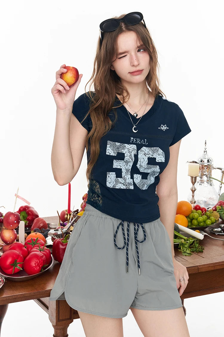 Vintage Lace Number Print T-shirt Slim V Neck Short Sleeve Top, Y2K Casual Fitted Tee, Sporty Graphic Crop T-shirt