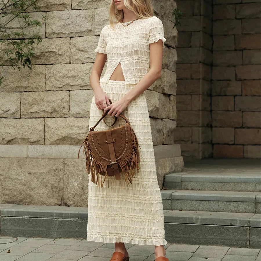 Flowy Two Piece Matching Skirt Sets for Women Clothing Short Sleeve Button Up Top Ruched Maxi Skirt Summer Beachwear
