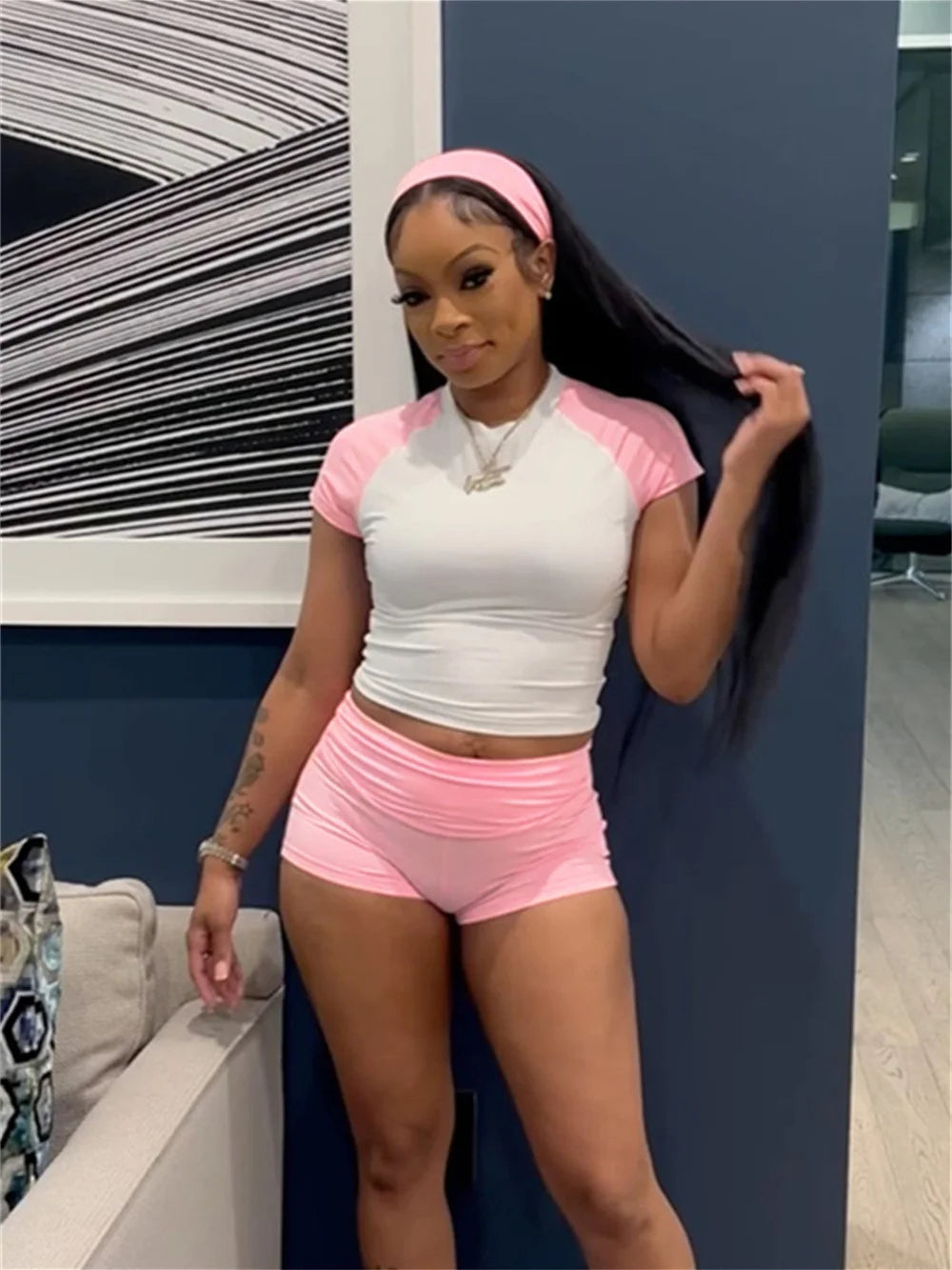 Sporty Patchwork 3 Piece Set Women Casual Summer Headband+Crop Top+High Waist Bike Shorts Street Matching Tracksuit