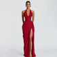 Halterneck Ruched Maxi Dress with High Slit Sexy Party Dresses Woman Elegant Luxury Evening Gowns