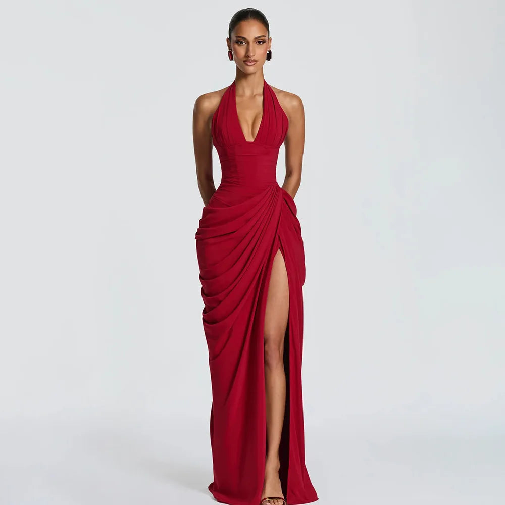 Halterneck Ruched Maxi Dress with High Slit Sexy Party Dresses Woman Elegant Luxury Evening Gowns