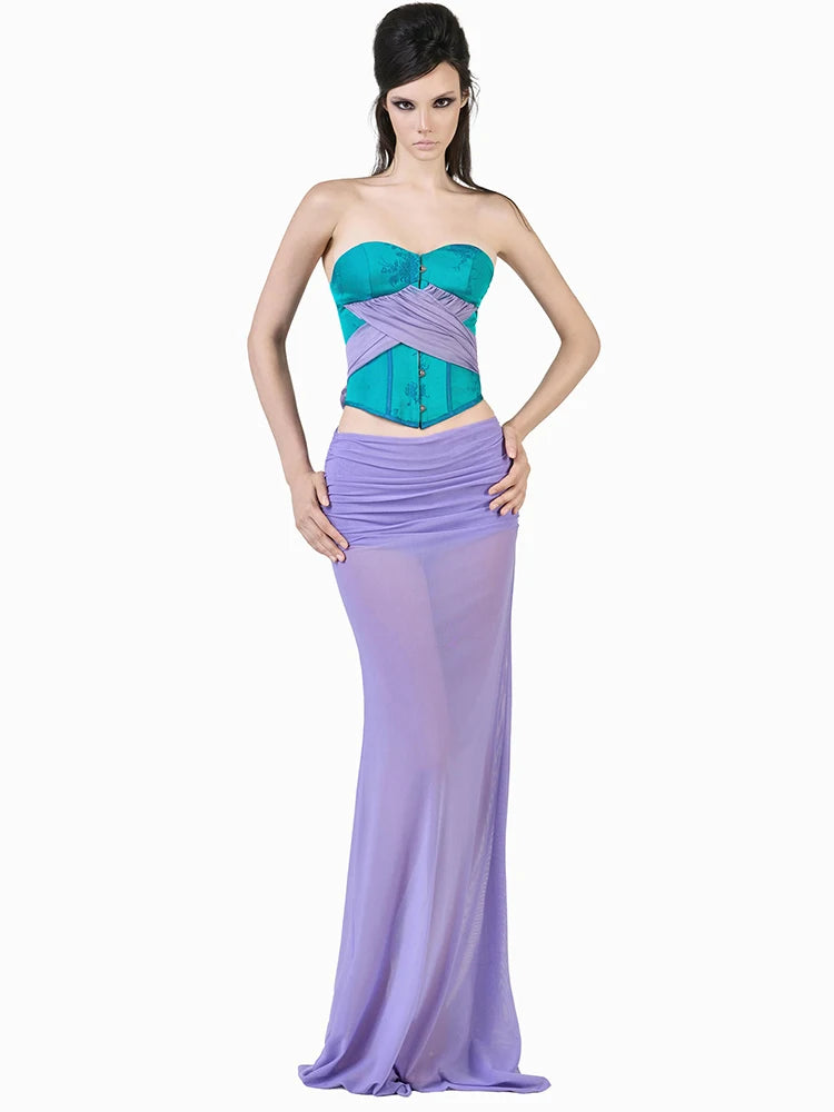 Sweet 2-Piece Set Women Patchwork Tassel Single-Breasted Line Decoration Tank Top+Folds See Through Skirt Chic Suit