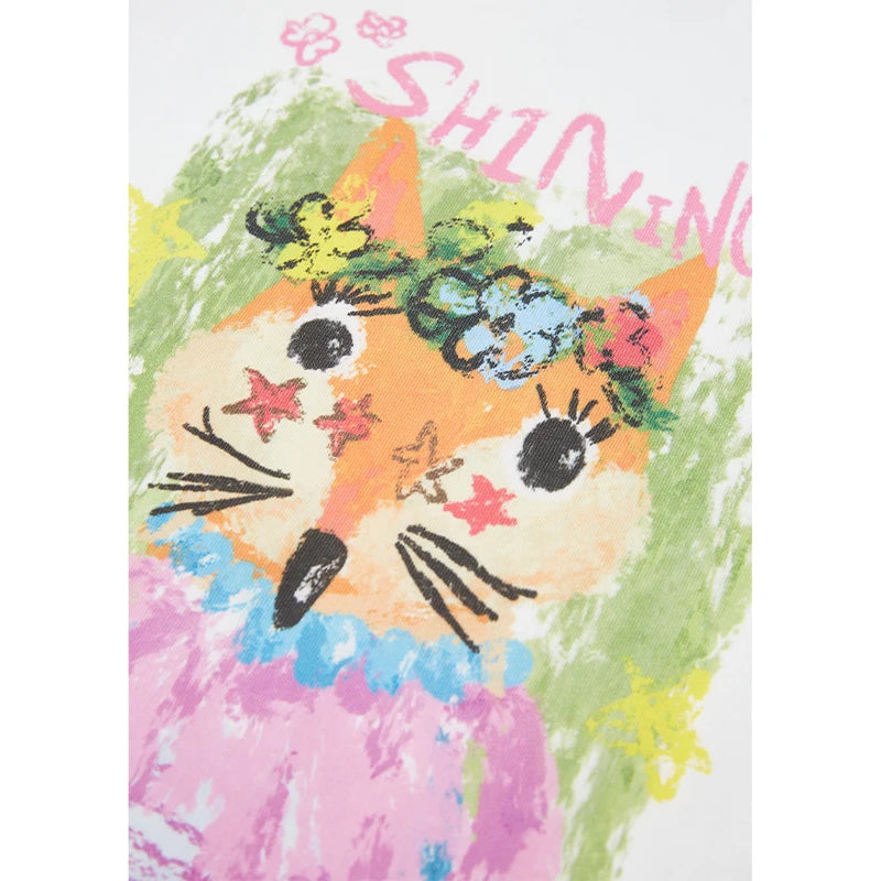 Playful Cartoon Fox Print Raglan T-Shirt, Color Block Short Sleeve Graphic Tee, Casual Cute Loose Top for Women