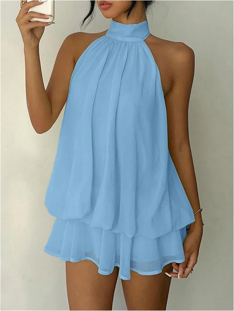 Elegant Women's Halter Neck Short Dress Summer Sleeveless Open Back Drop Waist Ruffle Mini Dress Beach Club Party Dress