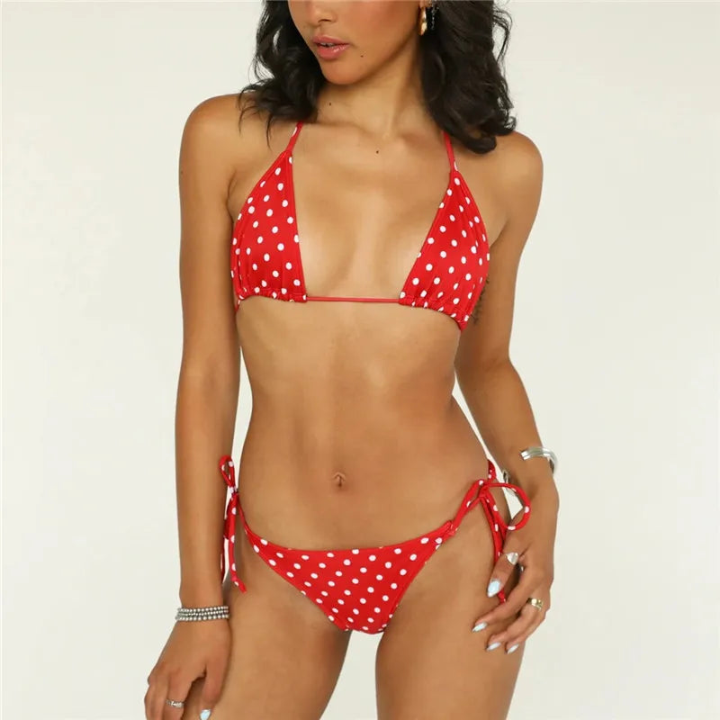 Women Polka Dot Striped Bikini Set Halter Triangle Top Side Tie Bottom 2 Piece Swimsuit Beachwear Summer Bathing Suit