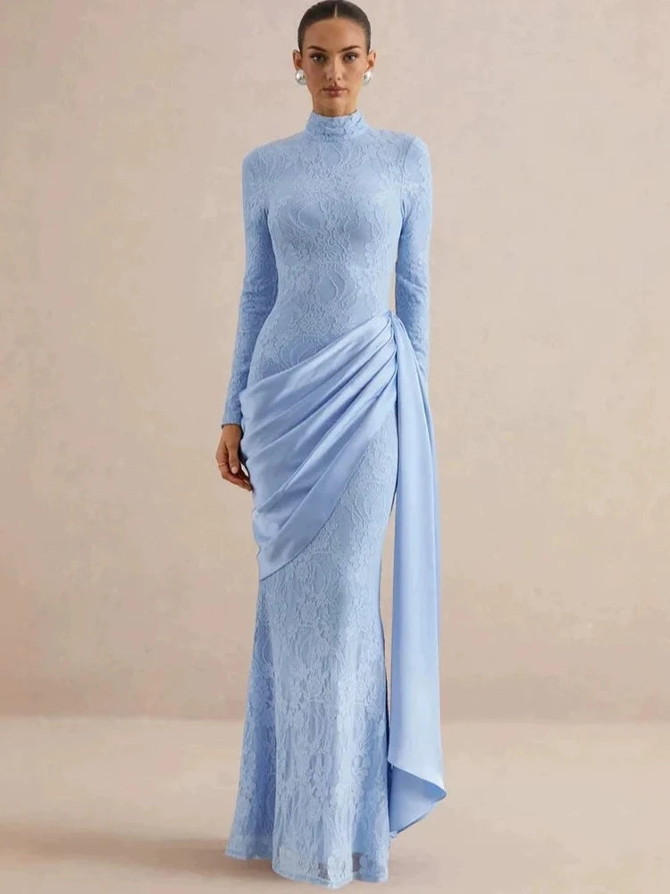 Women High Neck Long Sleeve Lace Sexy Maxi Dress Satin Drape Side Split Formal Evening Party Gown Wedding Guest Dress