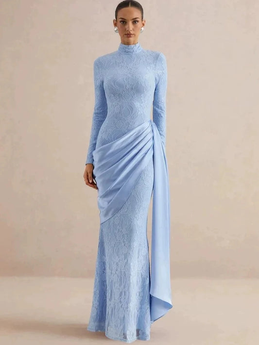 Women High Neck Long Sleeve Lace Sexy Maxi Dress Satin Drape Side Split Formal Evening Party Gown Wedding Guest Dress