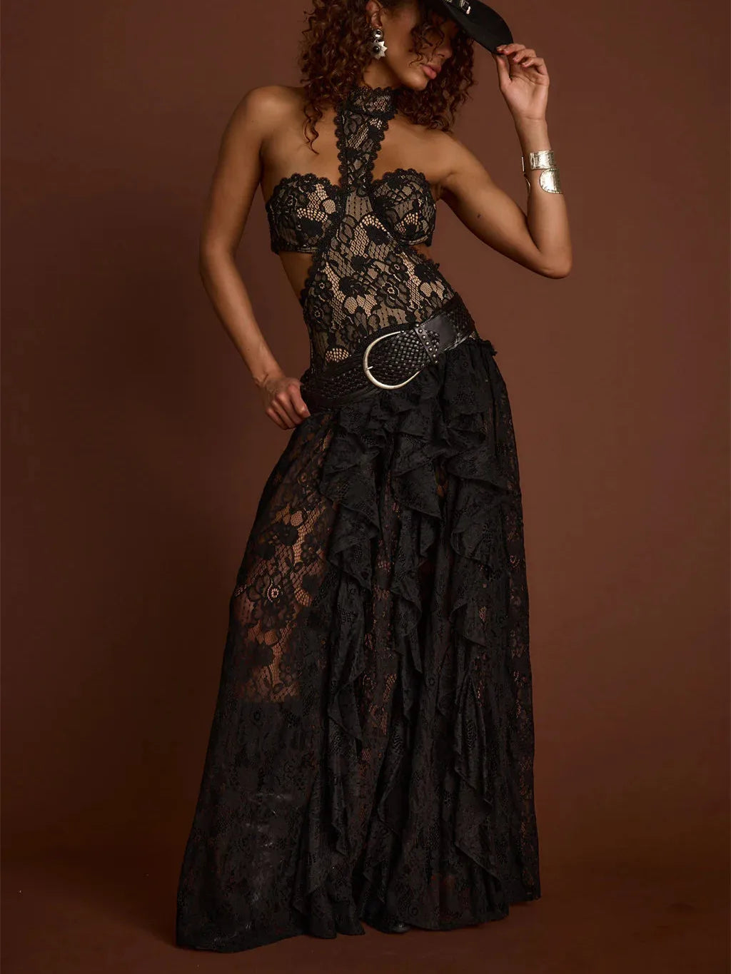 Backless Halter Neck Lace Maxi Dress Cutout Waist Tiered Ruffle Sheer Long Skirt Slim Evening Club Party Vacation Dress