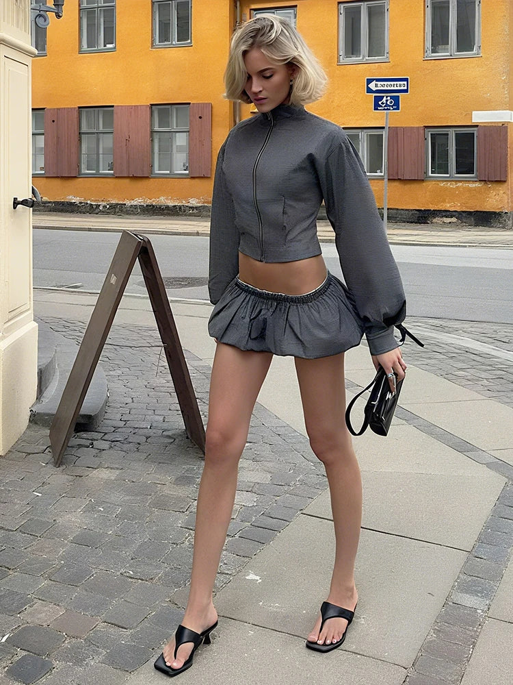 Chic Casual Stripe 2 Piece Set Women Autumn New Style Zipper Cardigan Full Sleeve Jacket+Ruched Mini Skirts Streetwear