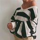 Oversized Striped V Neck Raw Hem Cropped Sweatshirt Women Loose Long Sleeve Pullover Winter Autumn Casual Streetwear