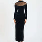 Sheer Off-shoulder Long Sleeve Sexy Maxi Dress Women Gown Elegant Half High Collar Backless Bodycon Club Party Dresses