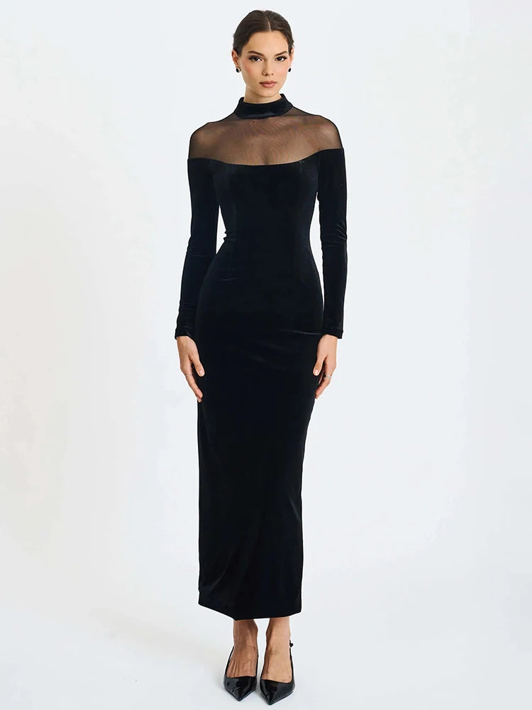 Sheer Off-shoulder Long Sleeve Sexy Maxi Dress Women Gown Elegant Half High Collar Backless Bodycon Club Party Dresses