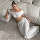 Womens Matching Sets White Off The Shoulder Puff Sleeve Crop Top and Matching Side-tie Skirt Co-ord Set