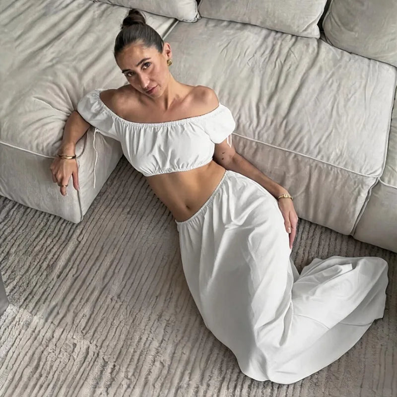 Womens Matching Sets White Off The Shoulder Puff Sleeve Crop Top and Matching Side-tie Skirt Co-ord Set