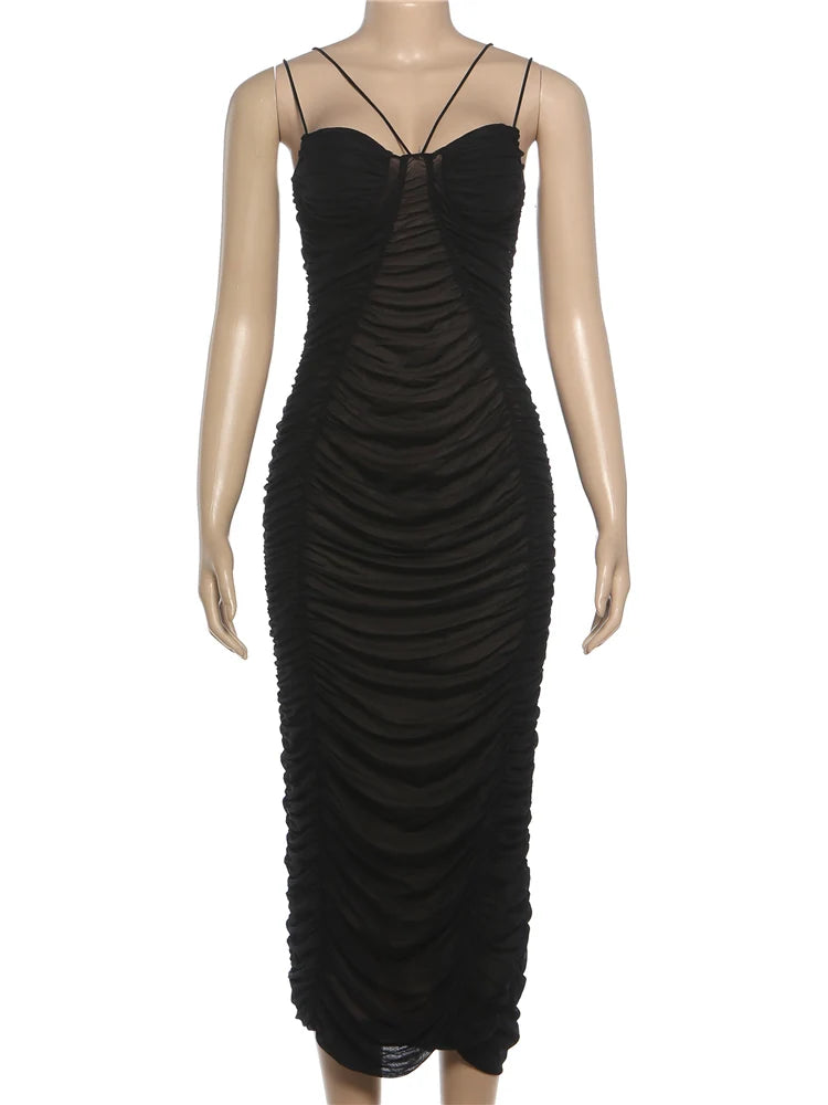 Folds Maxi Dress Women Low-Neck Peach Butt Sleeveless Patchwork Mesh Elasticity Sexy Slim Midnight Prom Party Vestidos