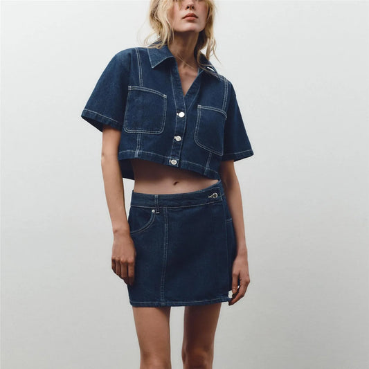 Summer Women's Casual Sets Fashion Mini Skirts Shorts Sets Denim Short Shirt Top Sets For Women Street Women Outfit