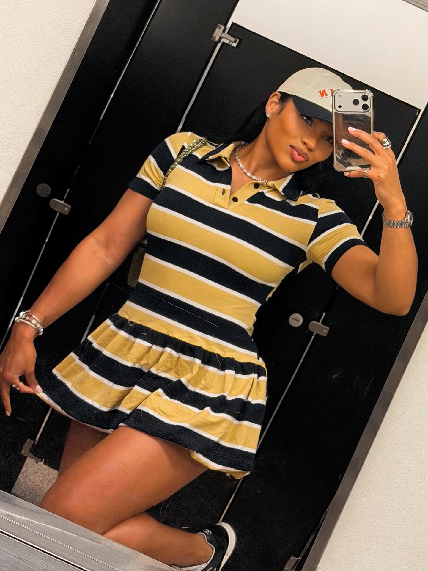 Sporty Style Mini Dress Woman Stripe Patchwork Polo-Neck Short Sleeve Shape Waist Ruched Hem Casual Fashion Bodycon