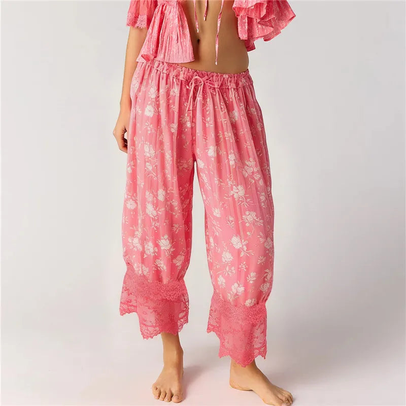Bohemian Floral Print Lace Trim Cropped Bloomers High Waist Drawstring Loose Casual Pants for Women Loungewear Sleepwear
