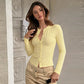 Light Yellow Ribbed Knit Button-up Cardigan Casual Long Sleeve Tops 2026 Fall T Shirts Woman Clothing
