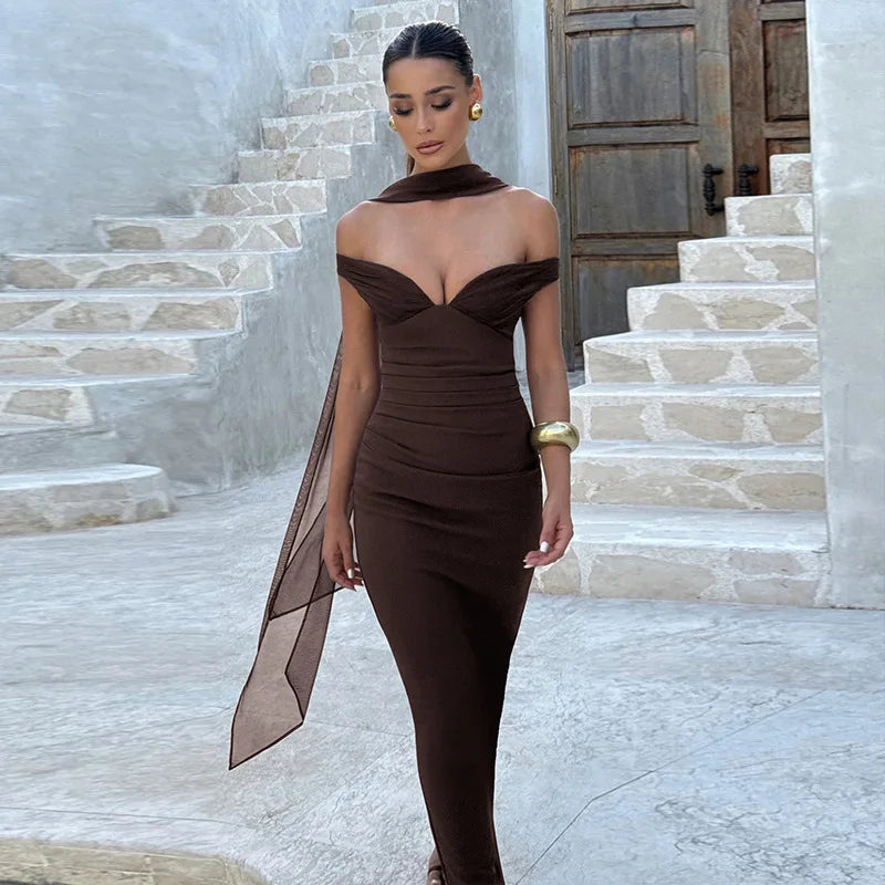 Sexy Off Shoulder Backless Long Maxi Dresses Wedding Guest Party Pink Dress Woman Elegant Evening Gown