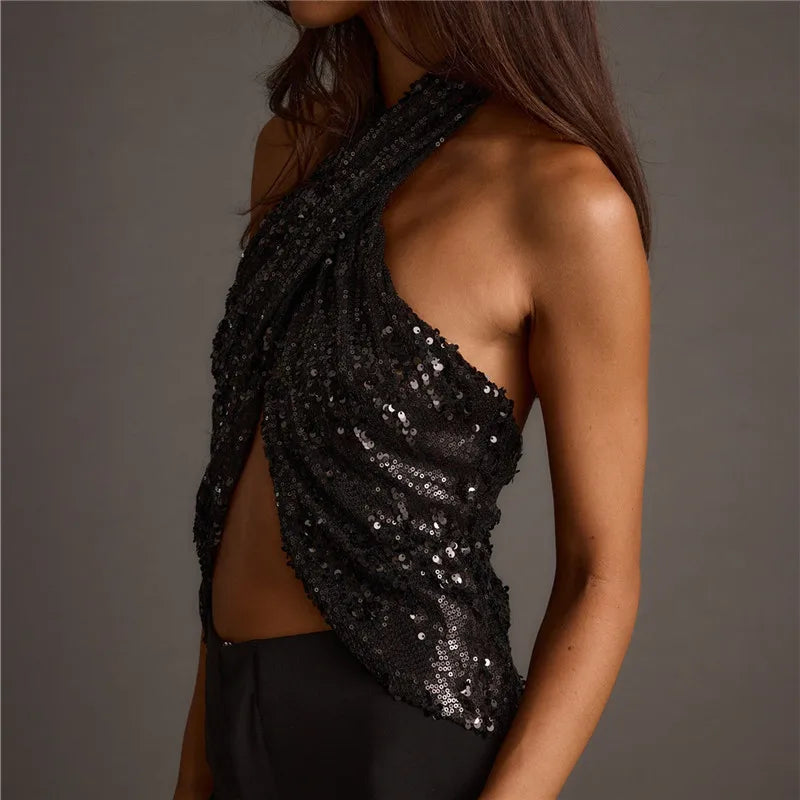 Women's Summer Halter Neck Tops Sparkly Sequin Sleeveless Open Back Slim Fit Vest for Party Club Night Wear